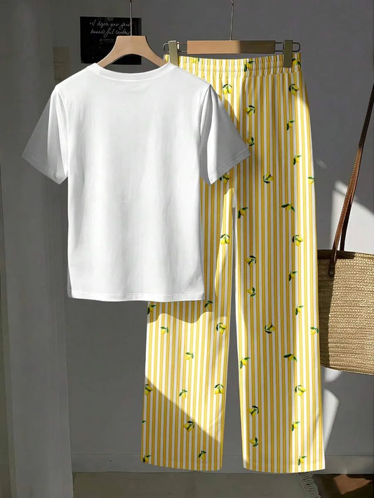 SHEIN Comfortcana طقم صيفي مريح للنساء من قطعتين - تيشيرت بطبعة الليمون وبنطلون مقلم