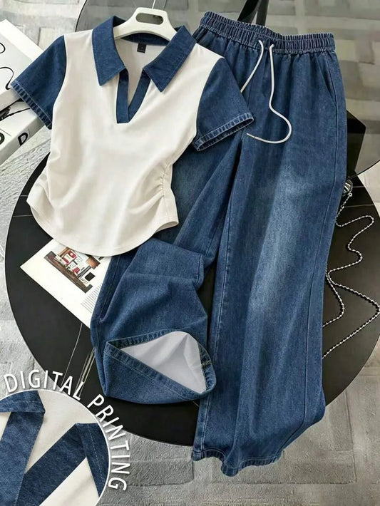 SHEIN Resyla طقم نسائي قطعتين بلوزة قصيرة الأكمام وبنطال واسع بخصر برباط