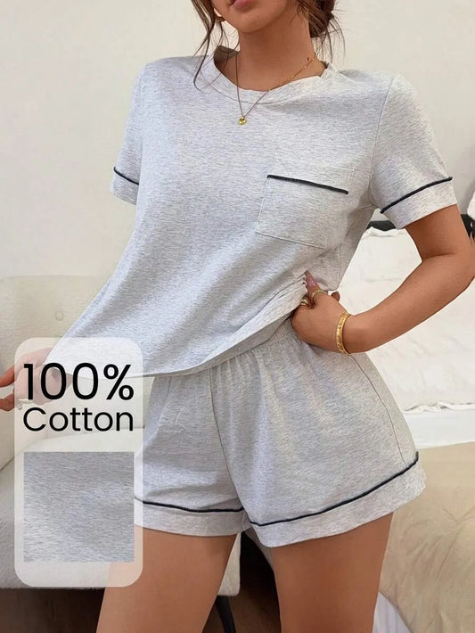SHEIN Napfluff طقم بيجامة قطعتين ناعم بشورت بلون رمادي فاتح