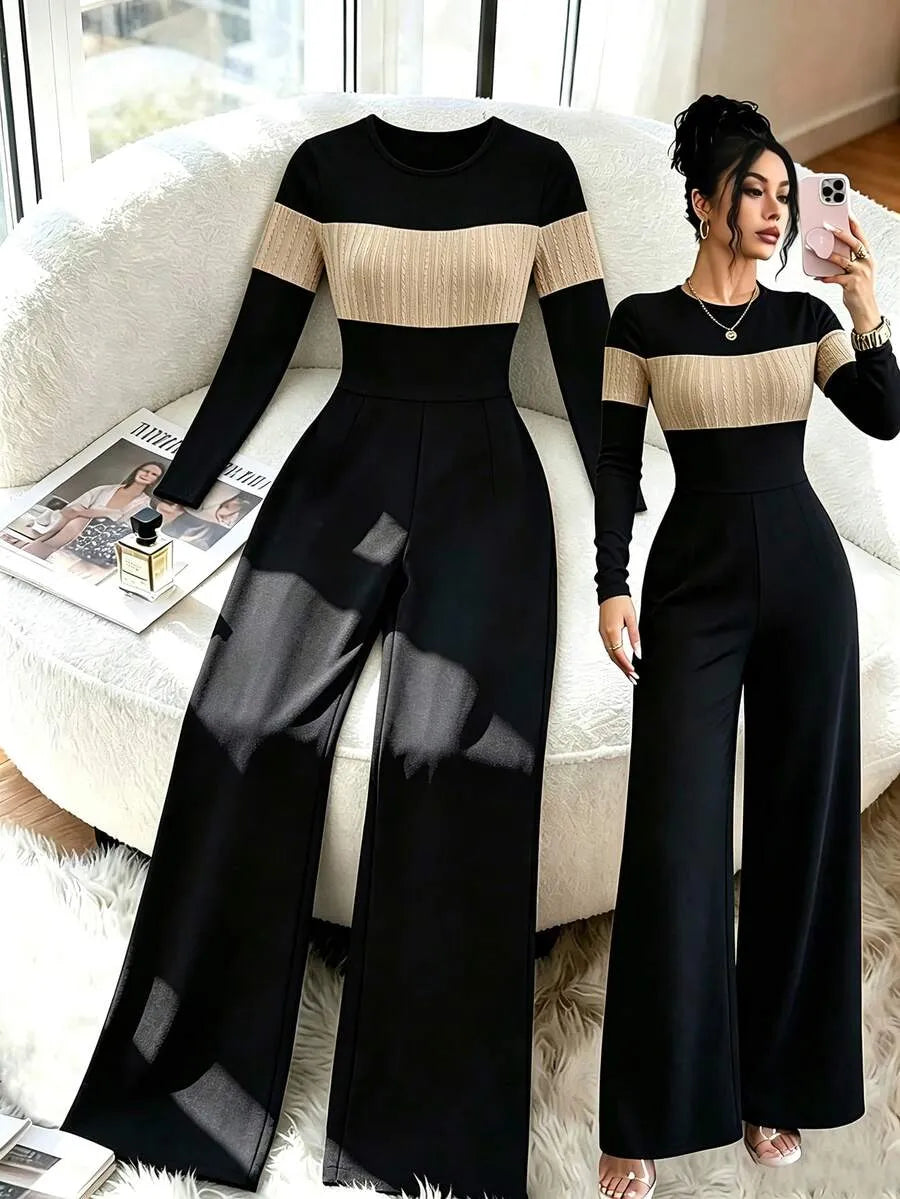 SHEIN جمبسوت نسائي بياقة دائرية وأكمام طويلة وساق واسعة بتصميم متباين بلون الأسود