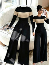 SHEIN جمبسوت نسائي بياقة دائرية وأكمام طويلة وساق واسعة بتصميم متباين بلون الأسود