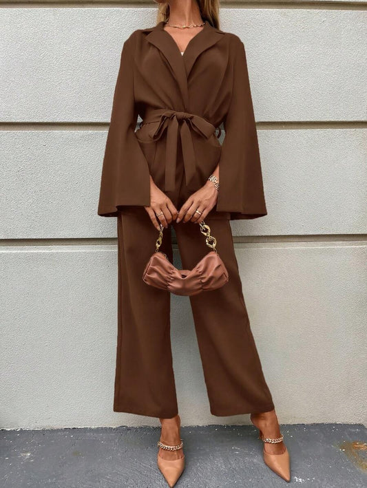 SHEIN Clasi طقم مكون من جاكيت مع بنطلون واسع بلون قهوة بني