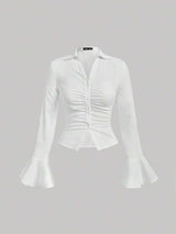 SHEIN MOD قميص نسائي بأكمام واسعة وثنيات أمامية وتفاصيل دانتيل بلون أبيض
