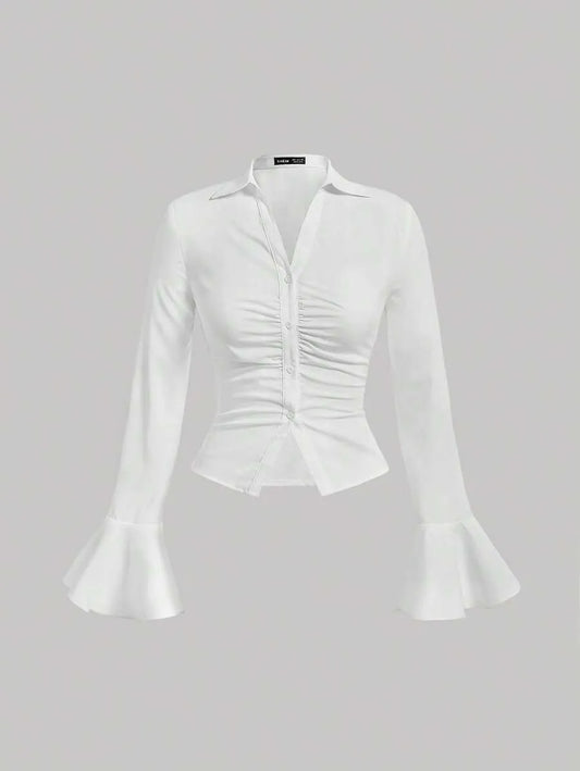 SHEIN MOD قميص نسائي بأكمام واسعة وثنيات أمامية وتفاصيل دانتيل بلون أبيض
