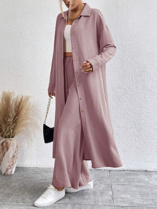 SHEIN LUNE طقم  قطعتين بلوزة طويلة وبنطلون واسع بلون وردي