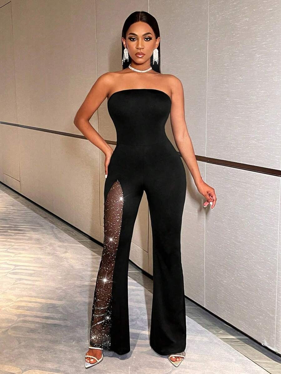 SHEIN BamGleam جمبسوت أنيقة باللون الأسود مزينة بالراين