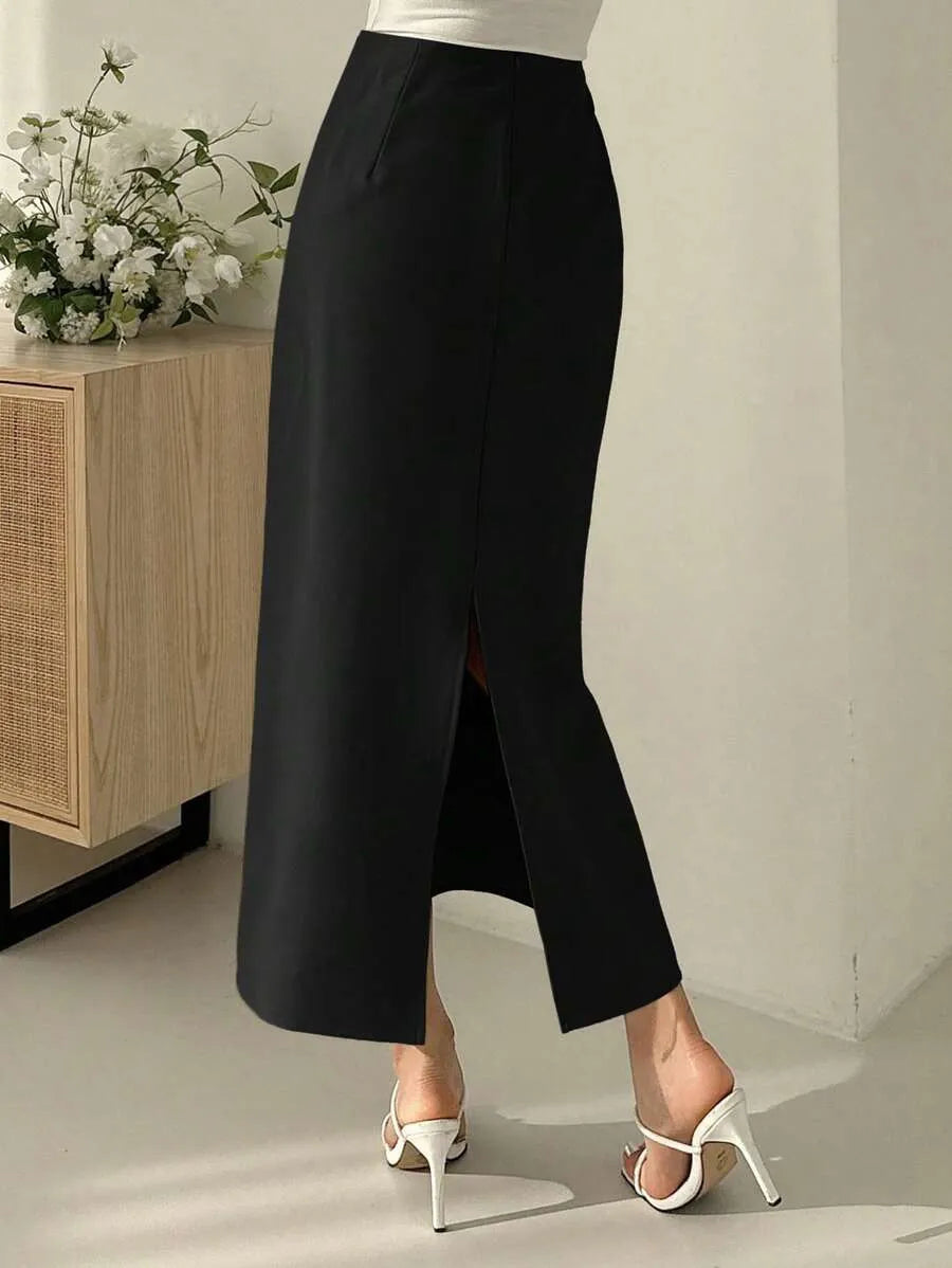 SHEIN DAZY تنورة ميد سوداء أنيقة بتصميم ذيل السمكة وشق خلفي