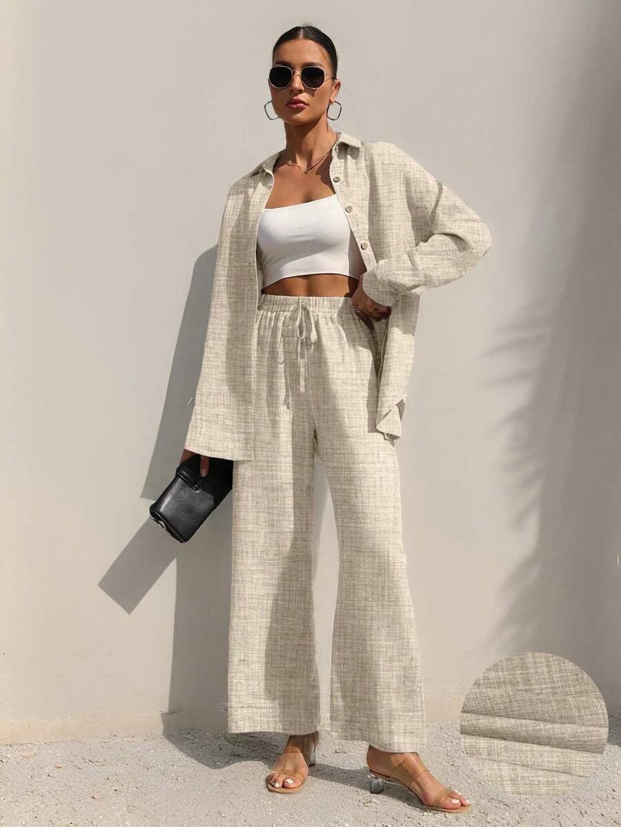 SHEIN Clasi طقم قطعتين بلوزة بأكمام طويلة وأزرار أمامية وبنطلون بخصر برباط