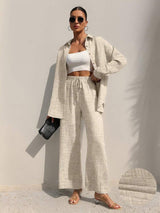 SHEIN Clasi طقم قطعتين بلوزة بأكمام طويلة وأزرار أمامية وبنطلون بخصر برباط