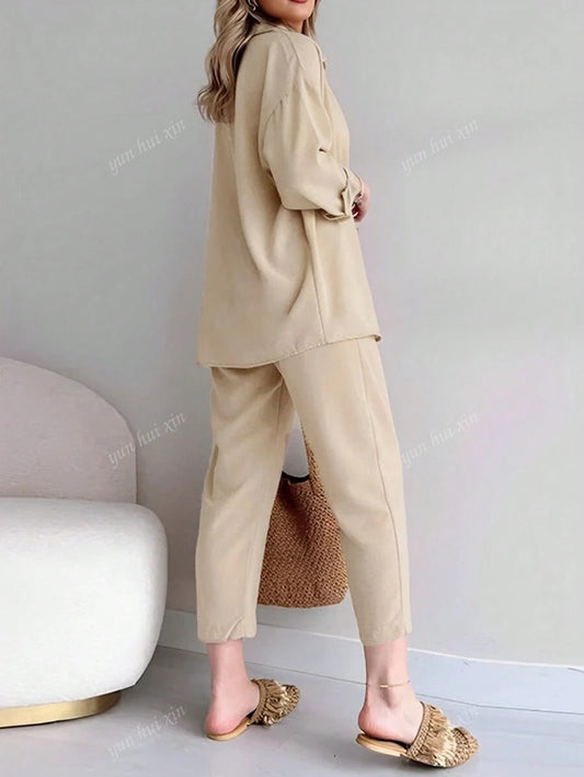 SHEIN  طقم كاجوال ناعم مكون من بلوزة  مع بنطلون واسع برباط خصر بلون مشمشي