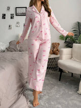 SHEIN SweetSlumber طقم بيجامة بأكمام طويلة وطبعة فيونكة