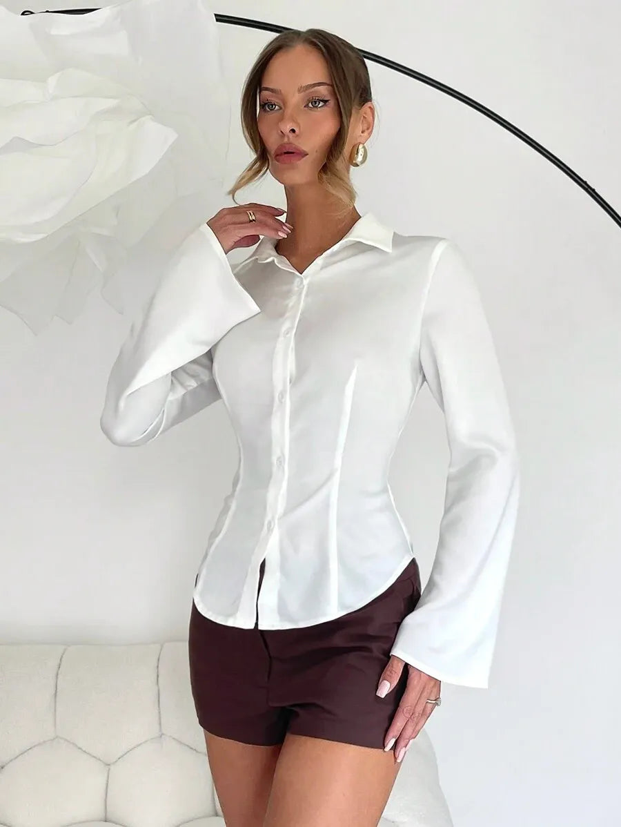 SHEIN Lumivelle قميص نسائي أبيض أنيق بأكمام منسدلة وقصة مخصرة