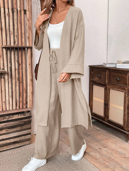 SHEIN طقم كتان كاجوال بلون كاكي مكون من جاكيت طويل وبنطال واسع الساق
