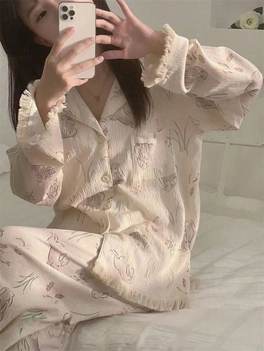 SHEIN طقم بيجامة مشمشي بطباعة أرنب وشراريب