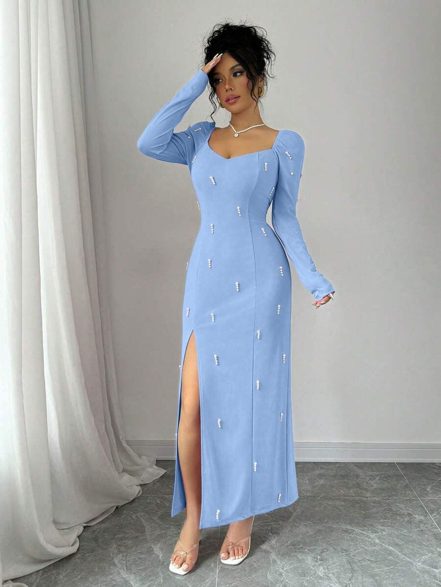 SHEIN فستان أزرق أنيق مزخرف بالخرز وقصة ضيقة