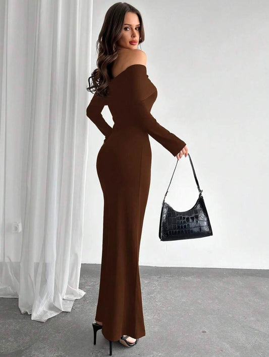 SHEIN Firerie فستان ضيق وأنيق بلون بني