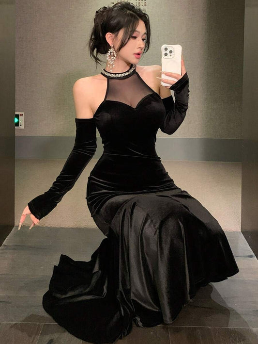 SHEIN DAZY فستان أسود شفاف من الشبك طويل