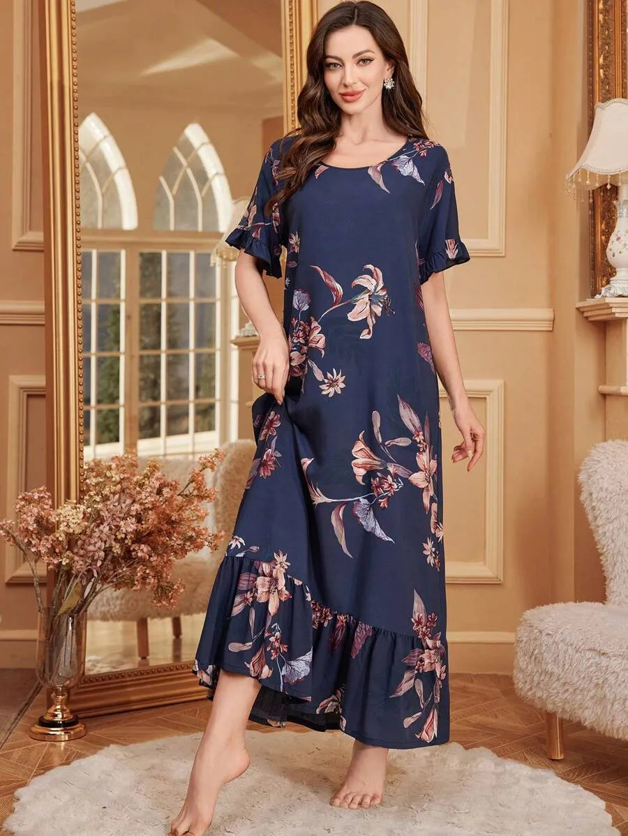 SHEIN فستان نوم طويل بلون متعدد الألوان بنقشة زهور وأكمام قصيرة