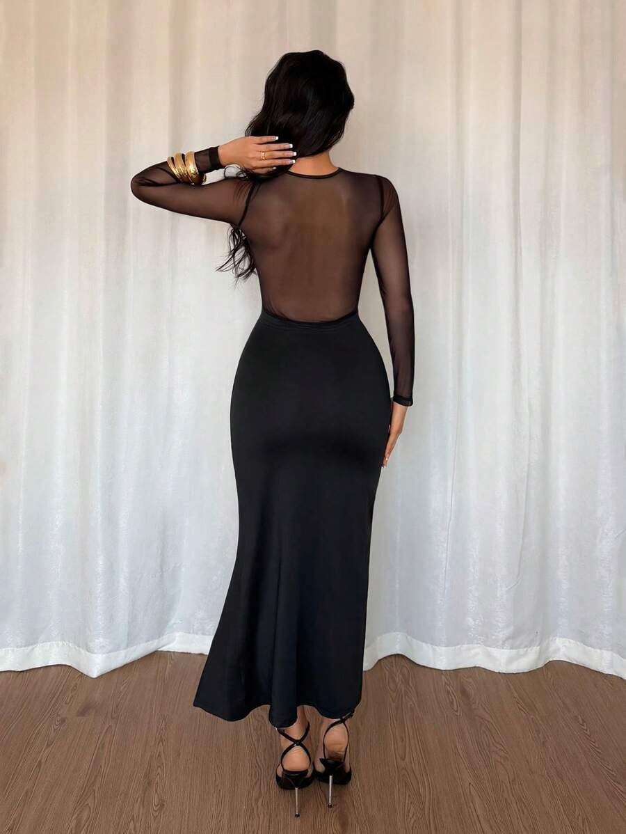 SHEIN Elenzga   فستان بقصة ضيقة  أسود طويل بأكمام شفافة