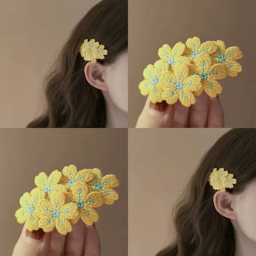 SHEIN طقم 4 قطع مشابك شعر مطرزة بزهور ملونة
