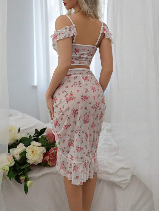 SHEIN طقم ٣ قطع بطبعة زهرية وتصميم مكشكش