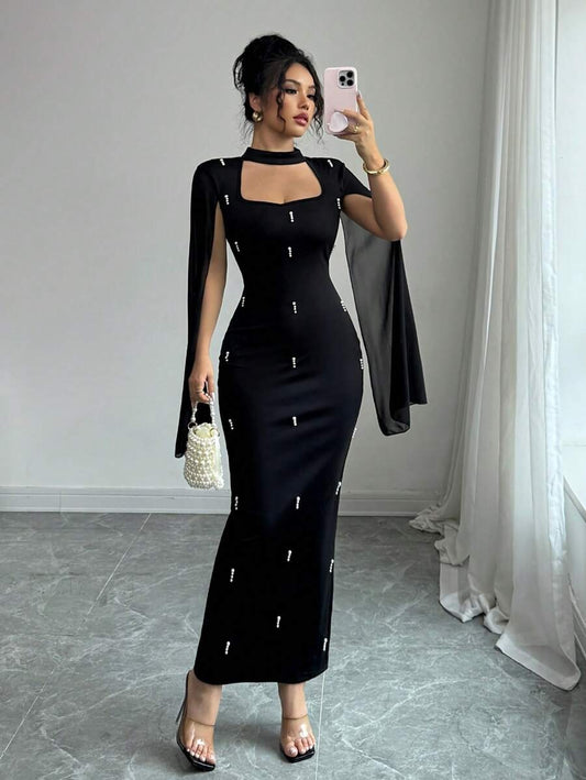 SHEIN Elenzga فستان شيفون مرصع باللؤلؤ بلون أسود