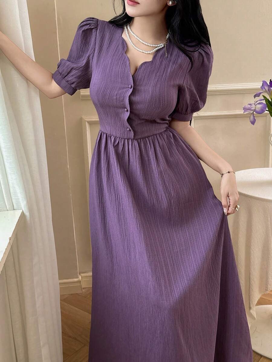 SHEIN Feyla فستان طويل بلون أورجواني وأكمام منتفخة