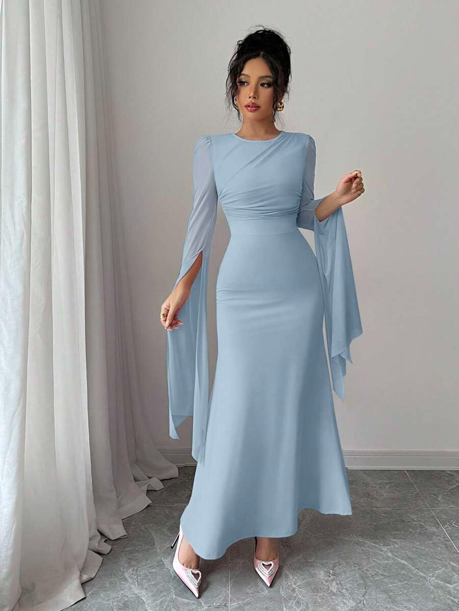 SHEIN Elenzga فستان أزرق أنيق بأكمام طويلة