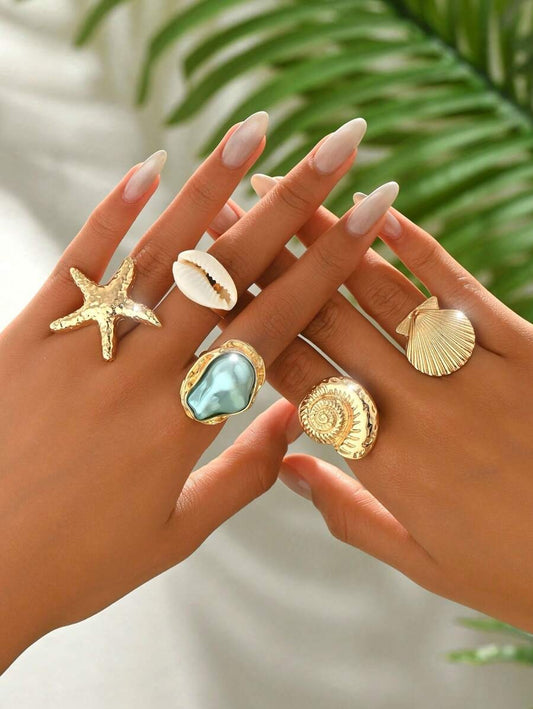 SHEIN طقم 5 خواتم – مرصعة بلآلئ صناعية وتصاميم بحرية