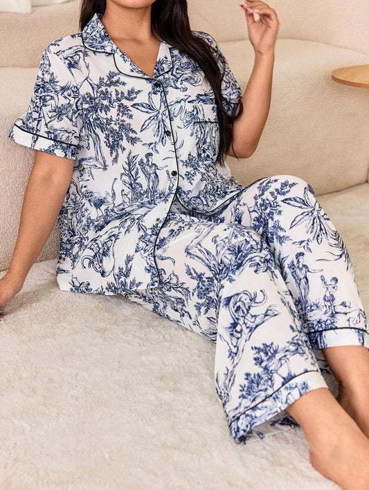 SHEIN طقم بيجامة بنقوشات بلون أزرق