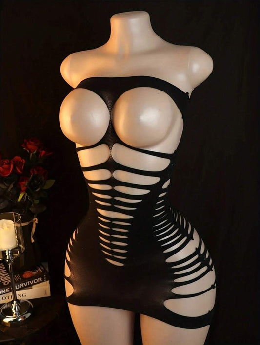 SHEIN بودي لانجري ستوكينغ شبكي أسود بدون حمالات