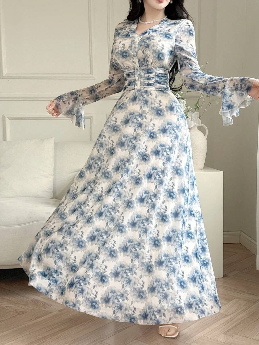 SHEIN qualityFeyla فستان طويل بنقشة زهرية وأكمام بفتحات