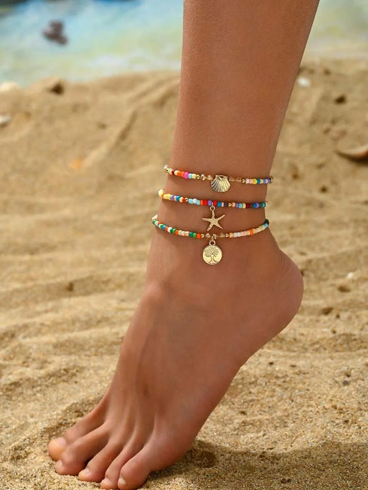 SHEIN أساور كاحل لؤلؤ وخرز ونجمة بحر وقواقع 3 قطع