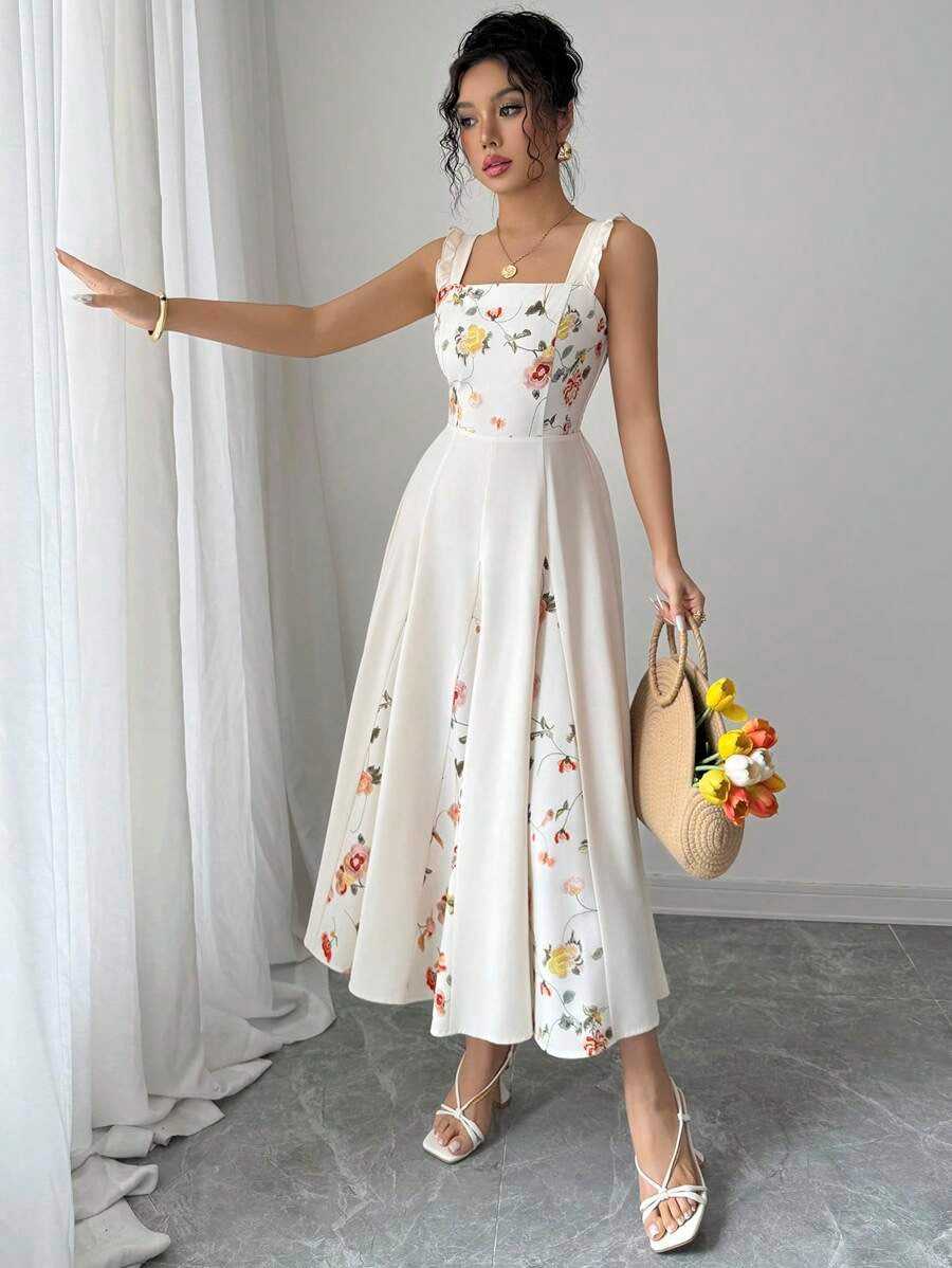 SHEIN فستان مشمشي مزين بزهور أنيقة