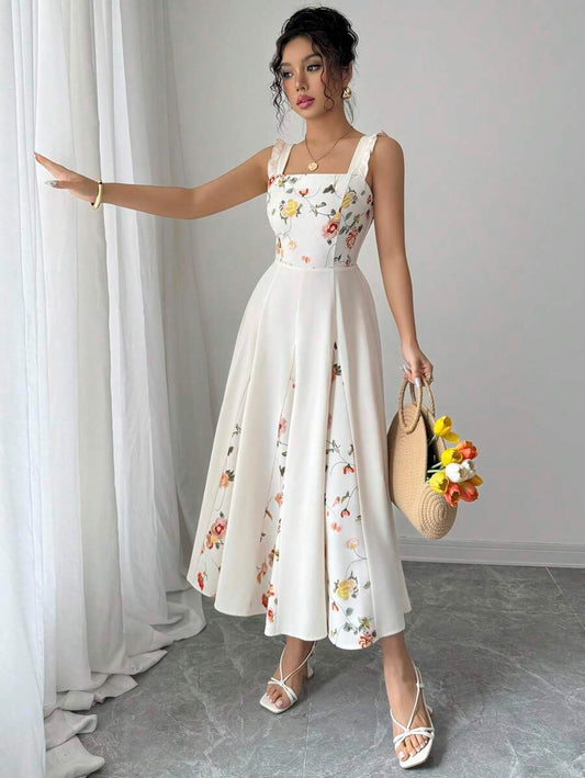 SHEIN فستان مشمشي مزين بزهور أنيقة