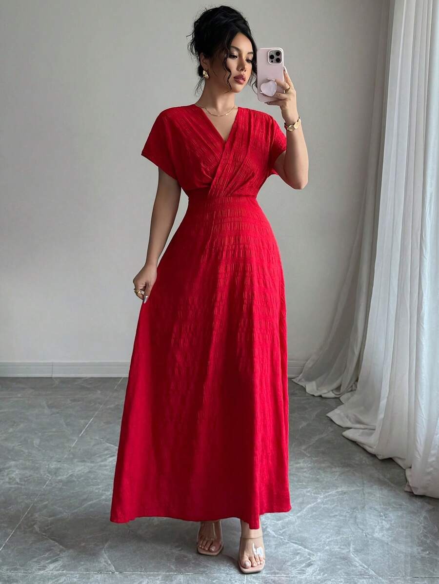 SHEIN Rafferiza فستان احمر أنيق بأكمام جناح خفاش