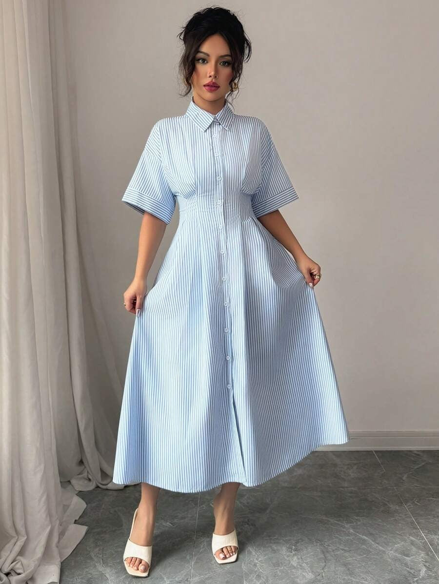 SHEIN فستان قميص أزرق بخطوط وياقة ورباط خصر