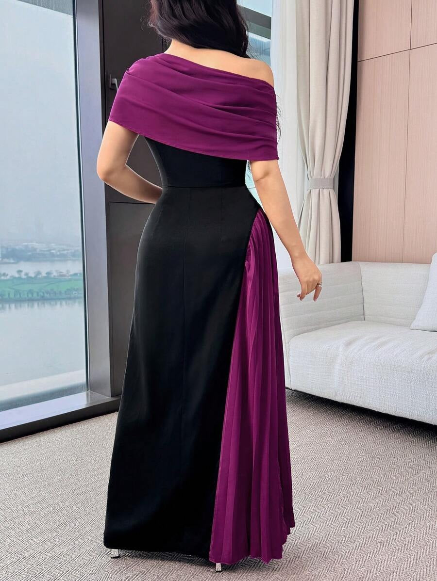 SHEIN Feyla فستان طويل أنيق مطوي بكتف غير متماثل