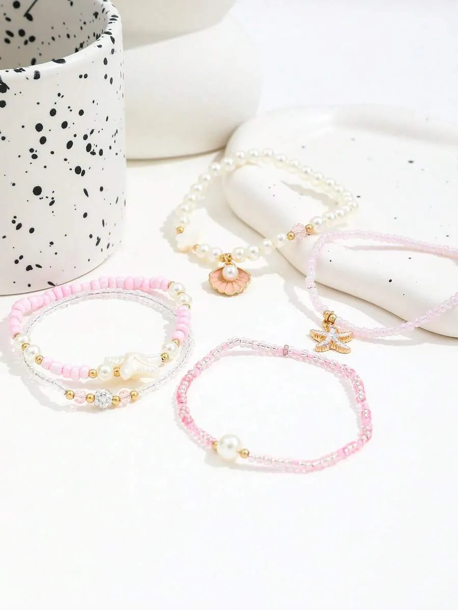 SHEIN طقم أساور خرز ولؤلؤ وصدف بوهيمي 5 قطع