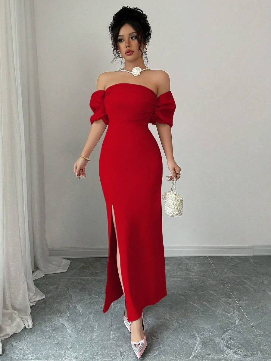 SHEIN Elenzga  فستان أحمر أنيق بكتف مكشوف
