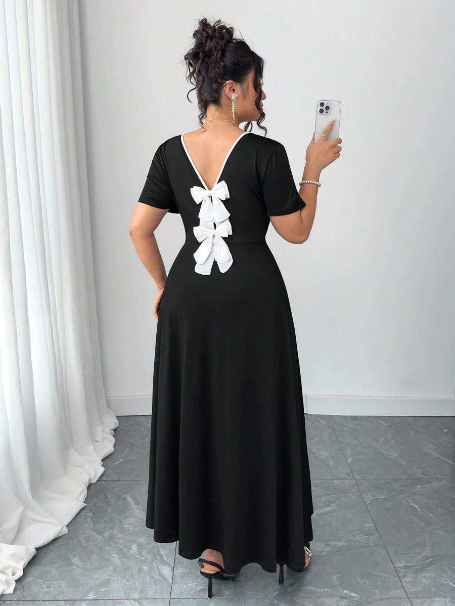 SHEIN Elenzga فستان أسود أنيق بقصة فرنسية ربطة فراشة