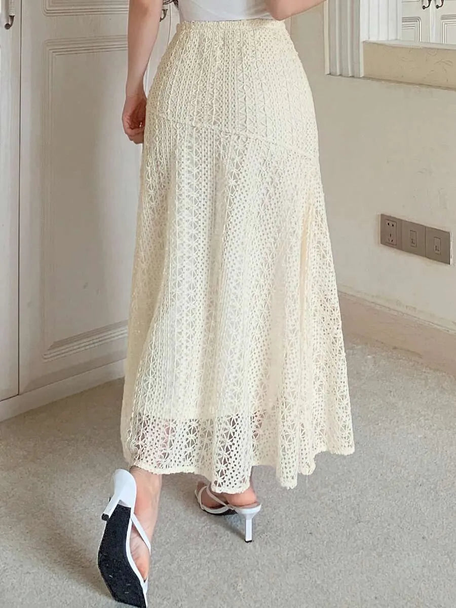SHEIN DAZY تنورة نسائية طويلة مطرزة بالدانتيل بخصر مطاطي أنيق