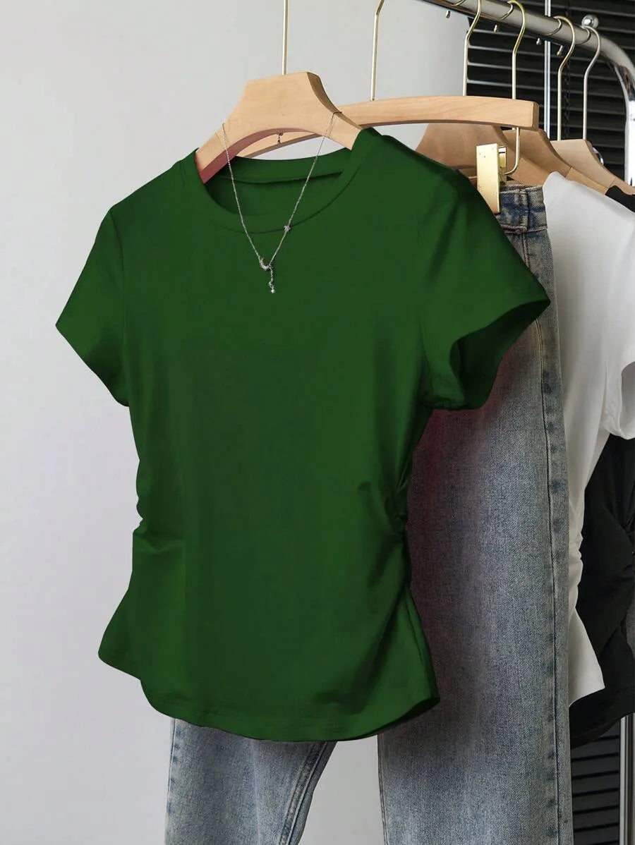 SHEIN INAWLY تي شيرت نسائي مجمع عند الخصر بأكمام قصيرة وياقة دائرية بلون أخضر داكن