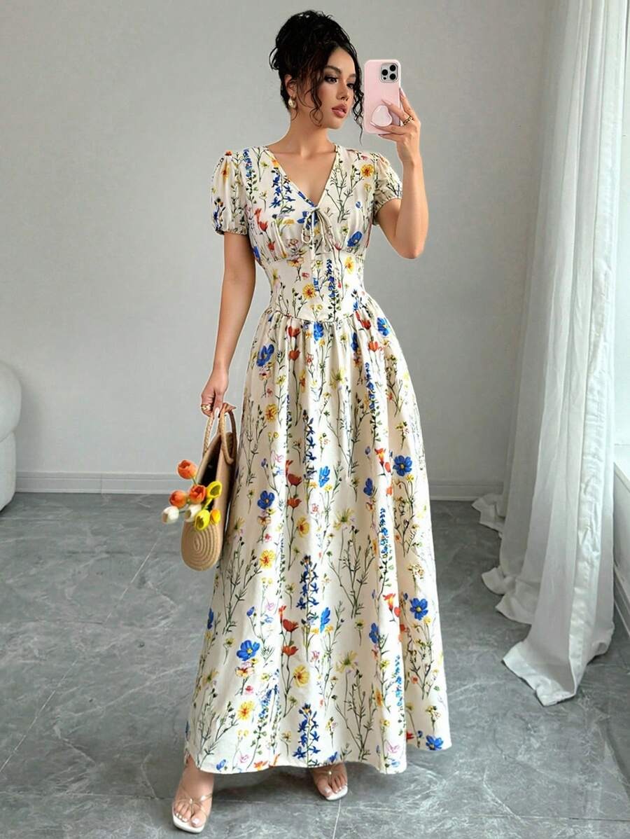 SHEIN Elenzga فستان ماكسي بنقشة زهرية وأكمام منتفخة