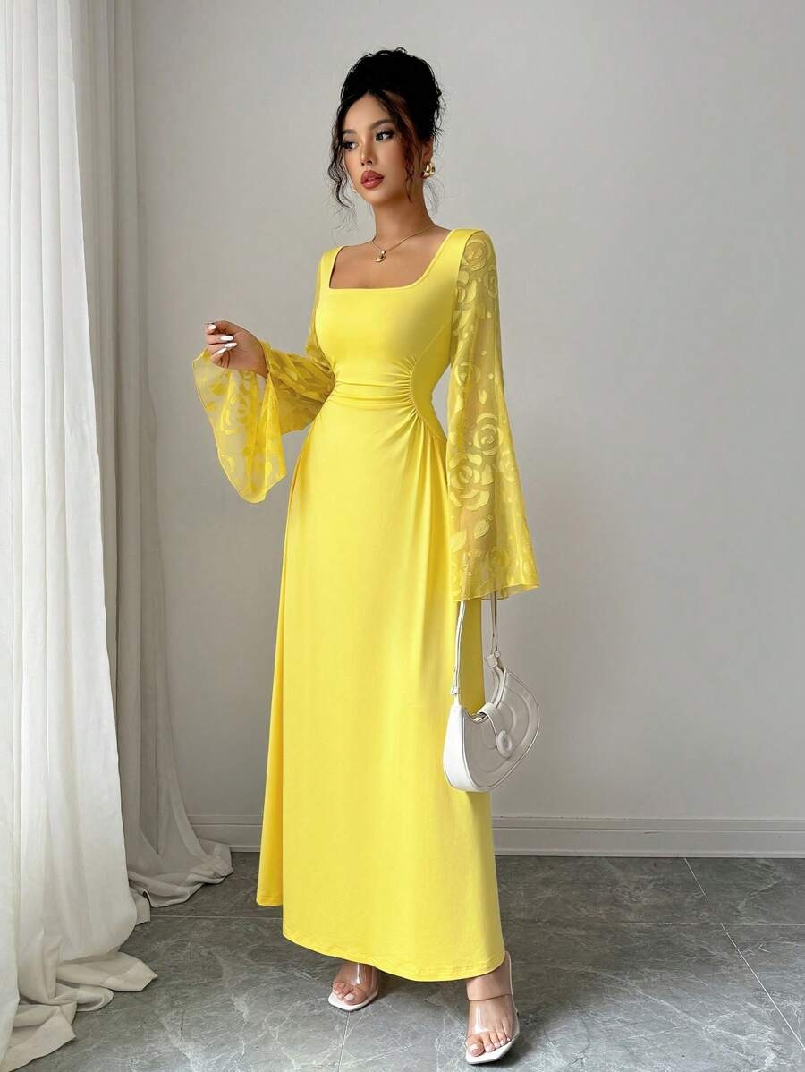 SHEIN Elenzga فستان أصفر بياقة مربعة وأكمام طويلة