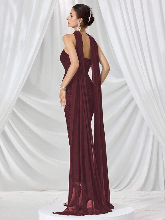SHEIN فستان سهرة فاخر بلون عنابي
