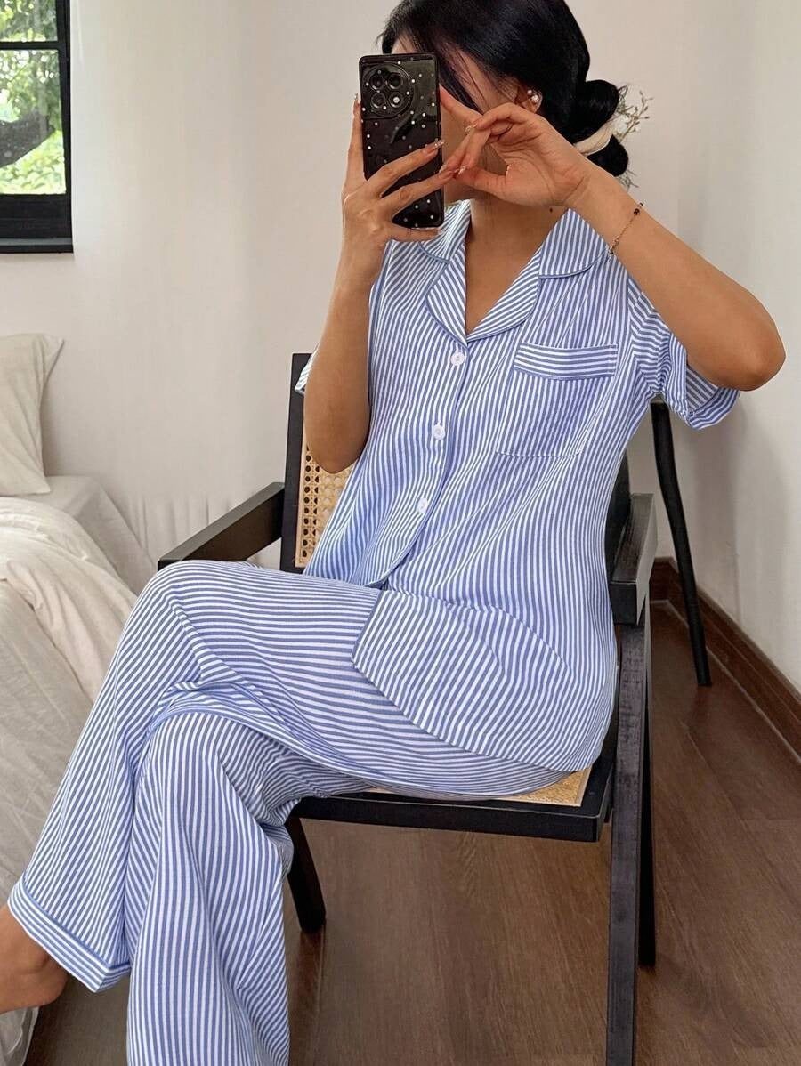 SHEIN Dream Adore طقم بيجامة قطعتين بلون أزرق