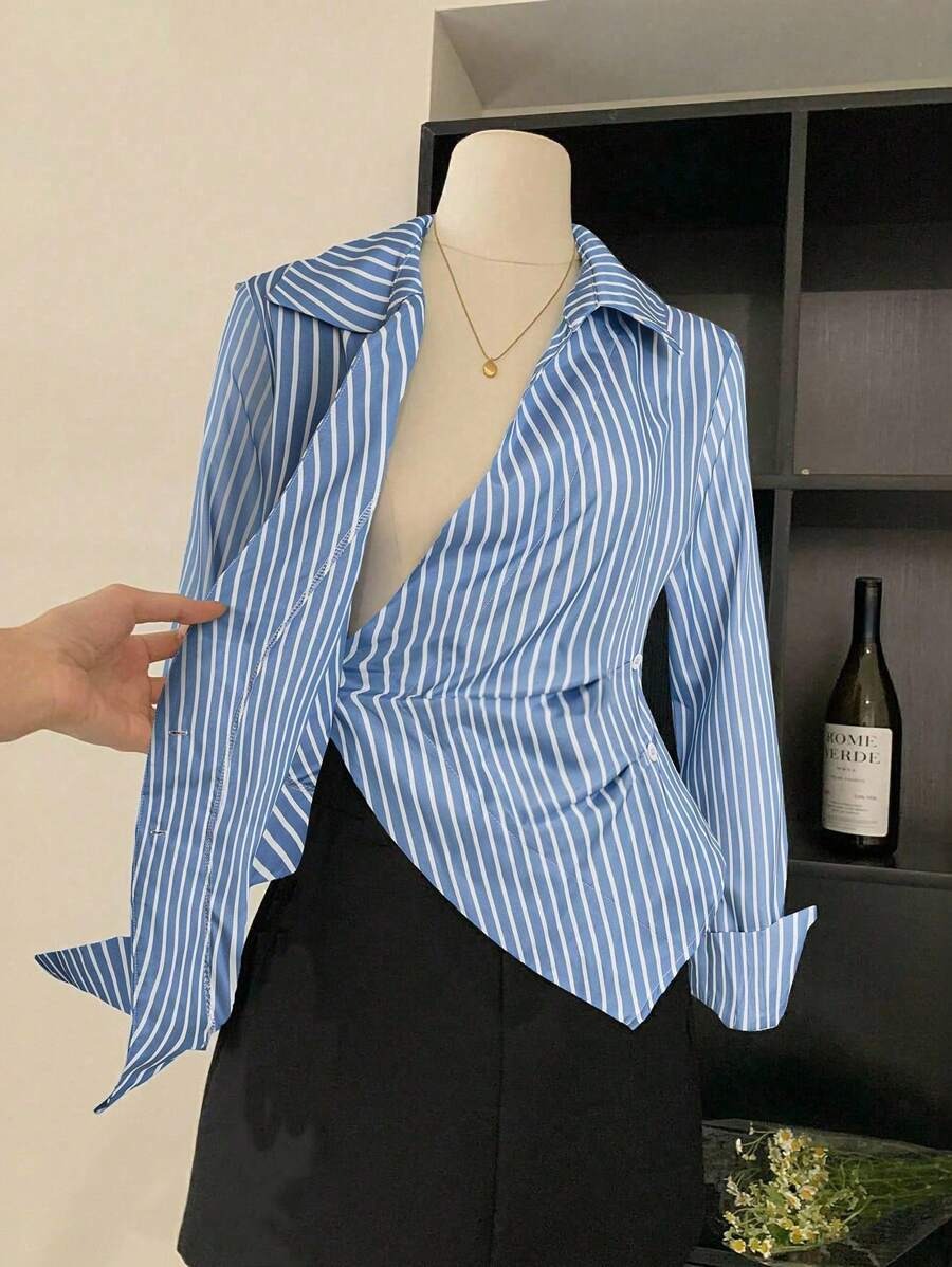 SHEIN Franclia بلوزة نسائية طويلة الأكمام بخطوط تنحّف الخصر