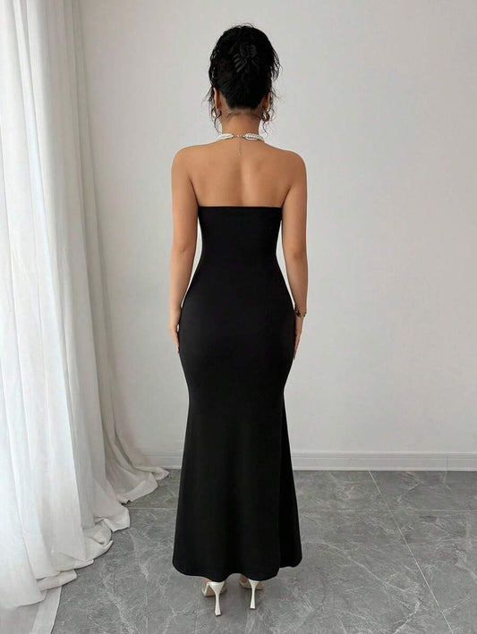 SHEIN Selianne فستان اسود طويل شيفون مزين بزهرات