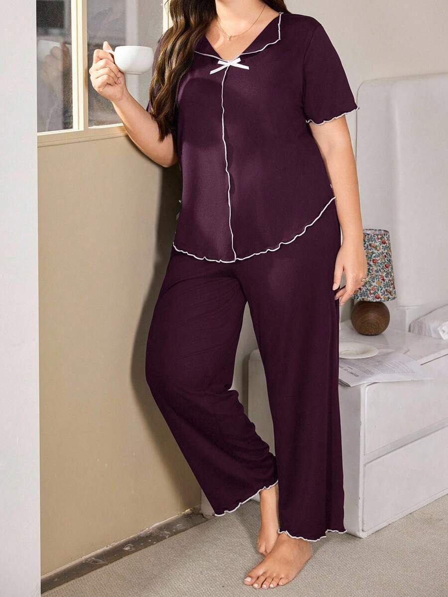 SHEIN Doze Lane طقم بيجامة ارجواني بياقة وفيونكة